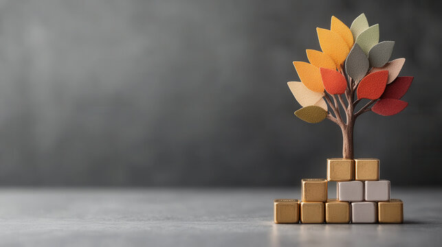 Colorful tree made of leaves on stack of blocks symbolizes growth and prosperity. This visual metaphor represents financial success and stability in creative way