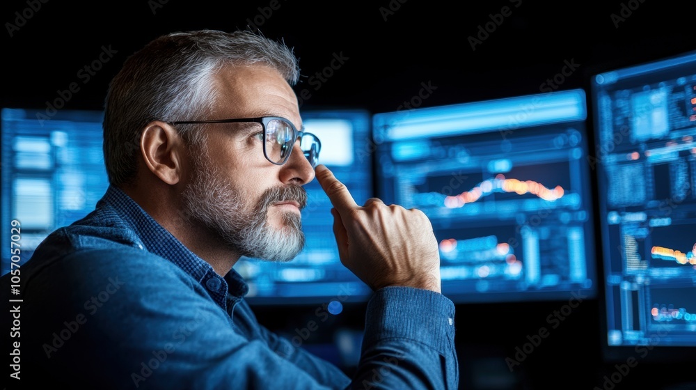 Poster a dedicated financial analyst studies market data trends on multiple computer screens in a dimly lit