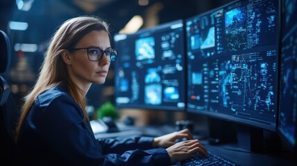 A woman with long hair and glasses is focused on analyzing various data streams displayed across several screens in a dimly lit modern office. She appears engaged and attentive to her work