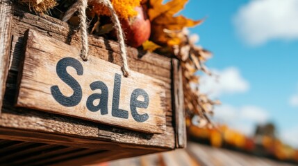 A rustic wooden sign hangs prominently, reading Sale, adorned with autumn leaves and bright decorations, set against a clear blue sky and festive market backdrop