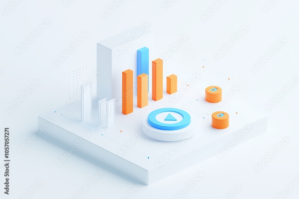Poster digital 3d data visualization featuring graphs and charts on a white isolated background.