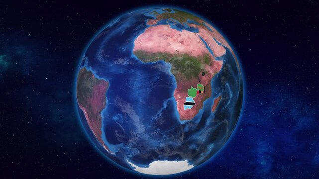Earth Zooming on Neighbour Countries Botswana And Zambia Highlighted with their flags