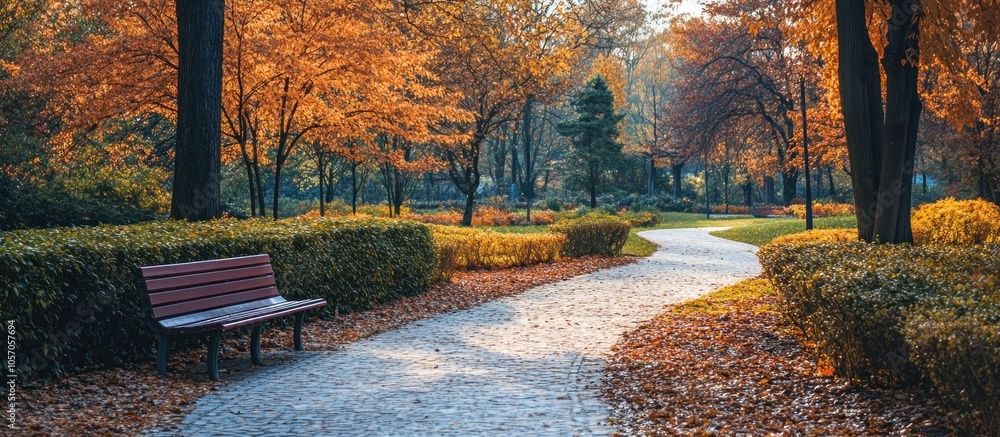 Poster a winding path through a park with fall foliage and a bench.