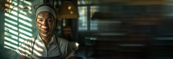 Fototapeta premium Smiling worker, 45 year old woman, maid, interplay of lights and shadows, background is hotel room