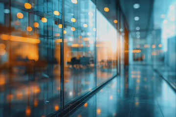 The office space of a glass wall business center with shiny space and a blurred abstract background.