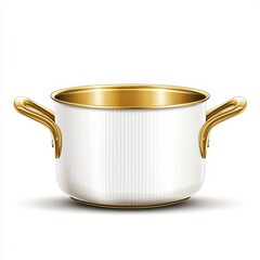 Elegant white cooking pot with gold accents on a white isolated background.