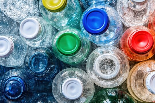 A collection of plastic water bottles showcasing various colored caps, emphasizing the importance of healthy hydration and environmentally conscious consumer choices in modern packaging.