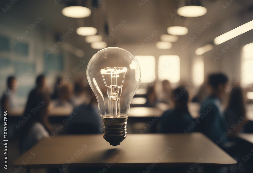 Poster a glowing lightbulb with digital lines and a blurred background of students in a classroom symbolizi