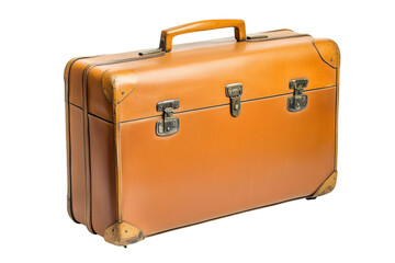 Vintage leather suitcase with metal clasps, isolated on white background.