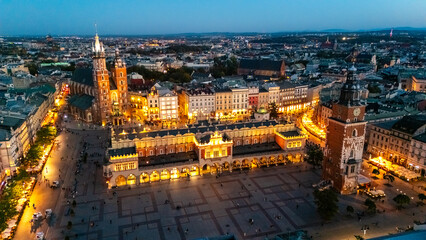 aerial view over central square of krakow in evening at sunset in poland