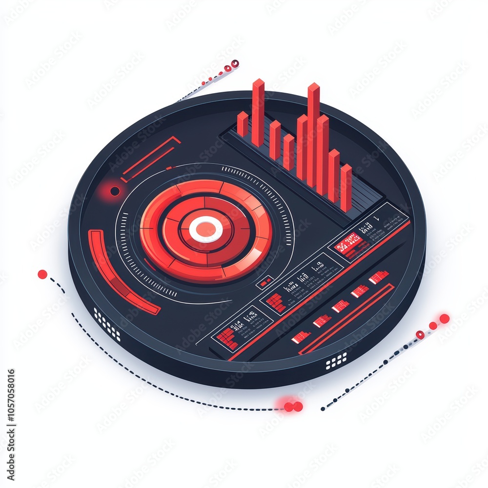 Poster futuristic data visualization dashboard with red accents on a circular interface.