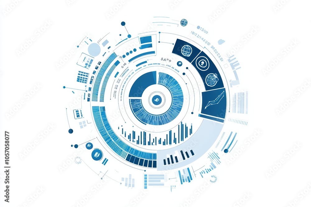 Aufkleber futuristic data visualization with charts and graphs in blue tones on a white background.
