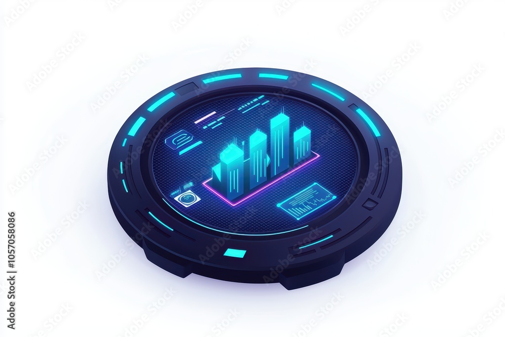 Aufkleber futuristic data visualization dashboard with glowing elements, isolated on a white background.