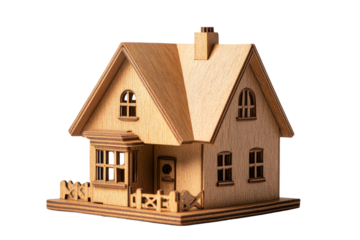 Wooden model house with detailed architecture on a white isolate background.