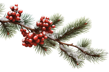 realistic PNG cutout of snow covered pine branch with red berries, showcasing winter beauty and nature charm. Perfect for seasonal designs and decorations