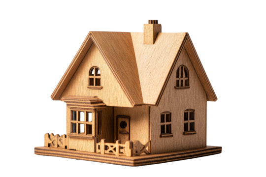 Wooden model house with detailed architecture on a white isolate background.