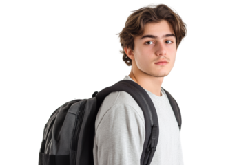 Young man with a backpack, looking confidently towards the camera, isolated on a white background.