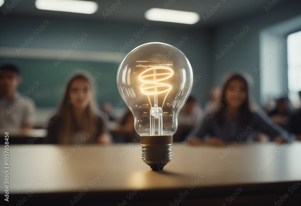 Poster a glowing lightbulb with digital lines and a blurred background of students in a classroom symbolizi