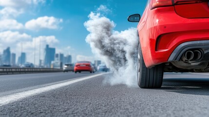 A red vehicle releases a plume of exhaust smoke as it drives along a bustling highway. The background showcases a city skyline against a clear blue sky, indicating a vibrant urban area