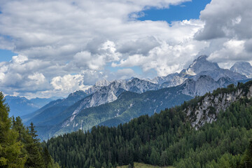 dettaglio su varie catene montuose alpine, nell'Italia nord orientale, coperte da verdi foreste, di...