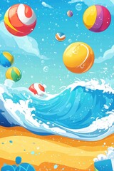 Animated summer sale banner featuring vibrant beach balls bouncing against crashing waves, designed to capture the essence of summer fun and relaxation for a tropical vacation atmosphere