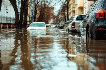 Natural disaster, flood, streets flooded with water, cars in water, selective focus