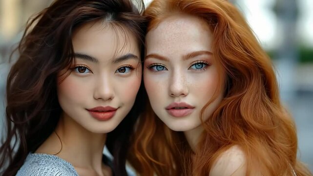 Two women with red hair and brown hair are standing next to each other. One of them has blue eyes