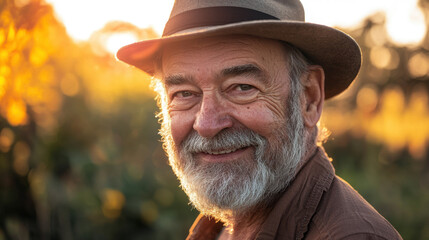 Smiling elderly man with a beard, wearing a hat, outdoor setting, looking into the camera, warm sunlight
