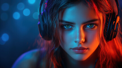 Naklejka premium Intense esports player with headphones, vibrant lighting, focused expression