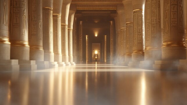 a Blurred background image with a dark golden theme that captures the grandeur of Egyptian halls