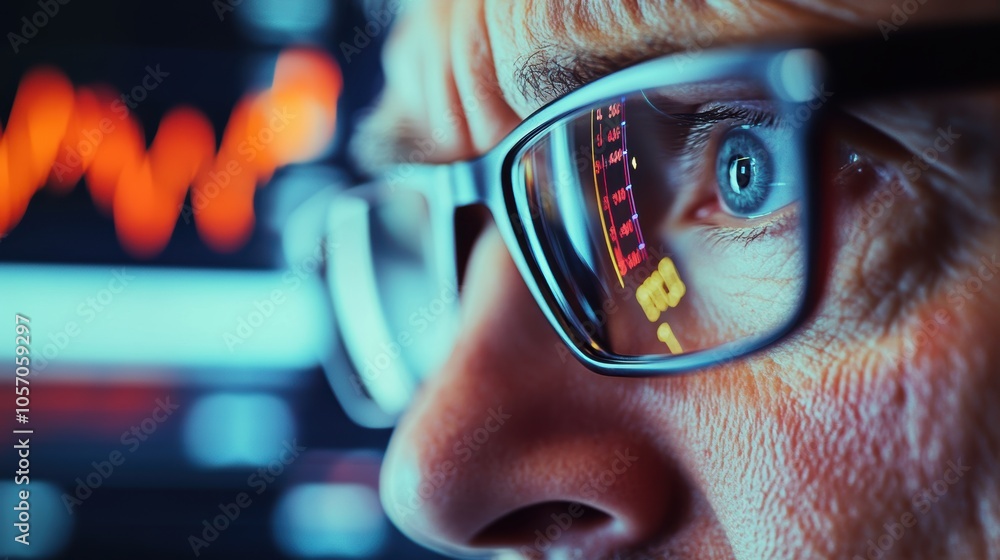 Poster close-up of a focused male with glasses analyzing data on a displayed screen.