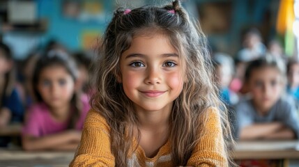 Fototapeta premium Migrant children in a classroom learning side by side with local students, integration of immigrant families into the educational system