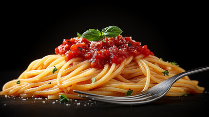 Spaghetti with tomato sauce and basil on a black background, close-up