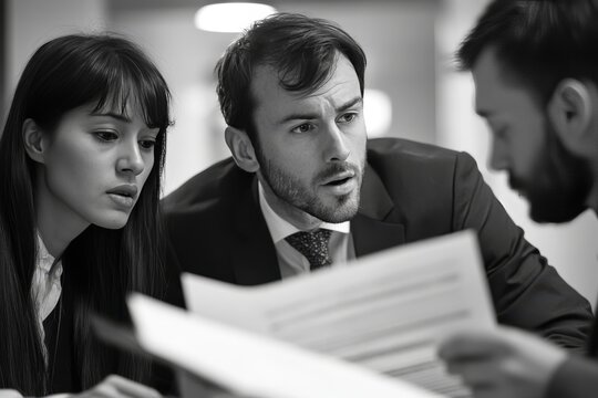 A business team reviews a lessons-learned document, their expressions reflecting the importance of conflict resolution and strategies for improvement in a collaborative work environment.
