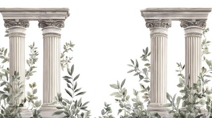 Naklejka premium Vintage wallpaper with Roman pillars and olive branches, perfect for historical ambiance, isolated on white