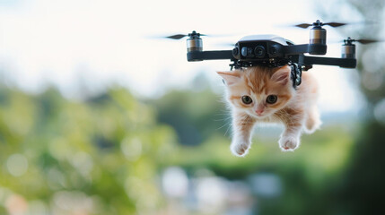 A small orange and white kitten appears to be flying, attached to a drone hovering mid-air, against a blurred green outdoor background. Surreal scene with the cat's curious expression adding charm