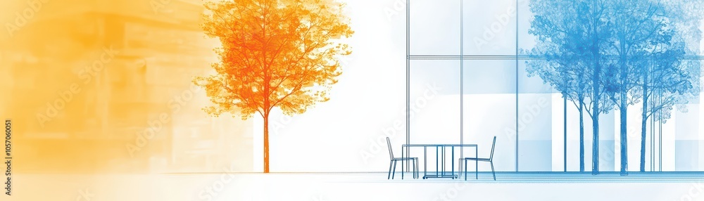 Poster modern architecture with colorful trees and a table in an urban setting, showcasing a vibrant outdoo