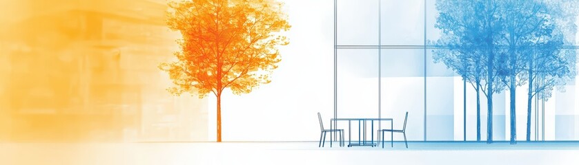 Obraz premium Modern architecture with colorful trees and a table in an urban setting, showcasing a vibrant outdoor space.