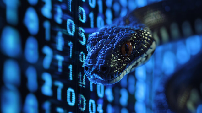 Na ekranie widoczne są kodujące liczby i znaki, kt&oacute;re składają się na fragmenty kodu w języku Python. W tle widać stylizowanego węża symbolizującego elastyczność i moc tego języka programowania. 