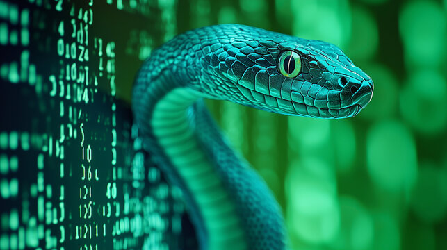Na ekranie widoczne są kodujące liczby i znaki, kt&oacute;re składają się na fragmenty kodu w języku Python. W tle widać stylizowanego węża symbolizującego elastyczność i moc tego języka programowania. 