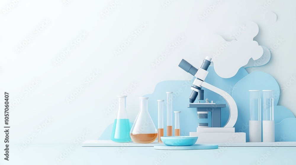 Poster modern laboratory setup with a microscope and glassware against a light background.