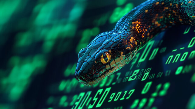 Na ekranie widoczne są kodujące liczby i znaki, kt&oacute;re składają się na fragmenty kodu w języku Python. W tle widać stylizowanego węża symbolizującego elastyczność i moc tego języka programowania. 