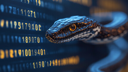 Na ekranie widoczne są kodujące liczby i znaki, które składają się na fragmenty kodu w języku Python. W tle widać stylizowanego węża symbolizującego elastyczność i moc tego języka programowania. 