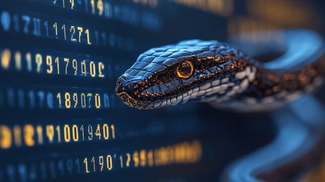Na ekranie widoczne są kodujące liczby i znaki, kt&oacute;re składają się na fragmenty kodu w języku Python. W tle widać stylizowanego węża symbolizującego elastyczność i moc tego języka programowania. 