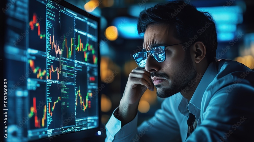 Poster thoughtful south asian man in glasses analyzing data on a computer screen.