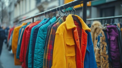 Obraz premium exploring a vibrant outdoor vintage market under the sun, filled with lively shoppers, colorful jackets, and a dynamic shopping experience featuring antiques, fashion, and accessories