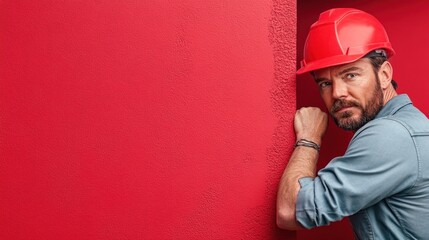 A construction worker wearing a red hard hat is carefully examining a red wall, engaged in renovation tasks during the afternoon. His focus reveals dedication to the job at hand