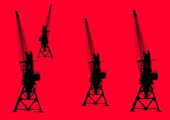 Obraz premium Set of silhouettes of cranes on a red background.