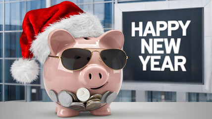 Pink piggy bank wearing Santa hat and sunglasses with coins, against modern office background with "Happy New Year" text. AI generated