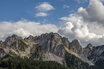 Fototapeta premium dettaglio su una catena montuosa rocciosa, di giorno, nell'Italia nord orientale, in estate, sotto un cielo parzialmente nuvoloso